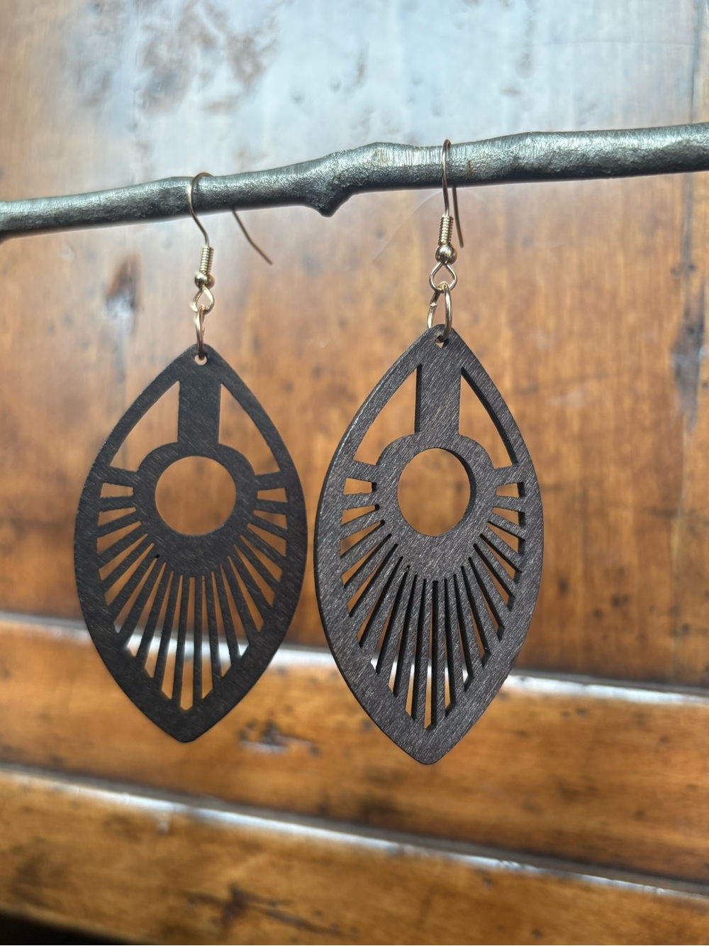 Handcrafted Black Wooden Cutout Teardrop Earrings